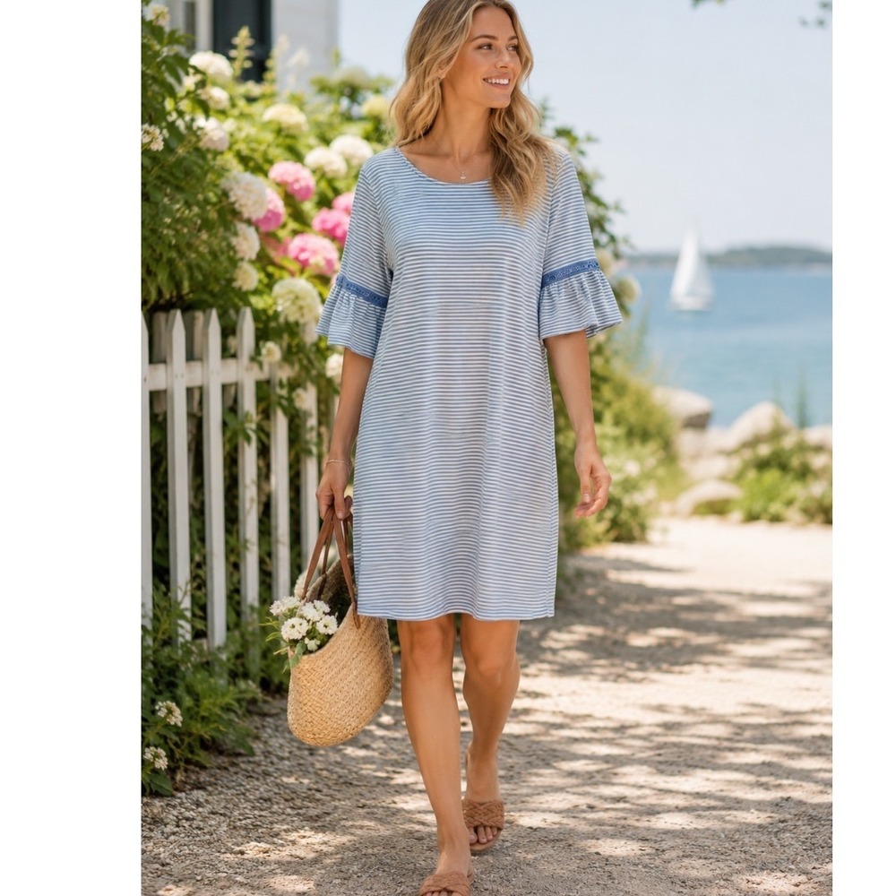Cottagecore Crown & Ivy Dress Sz M N Blue White Striped Bell Sleeve nautical